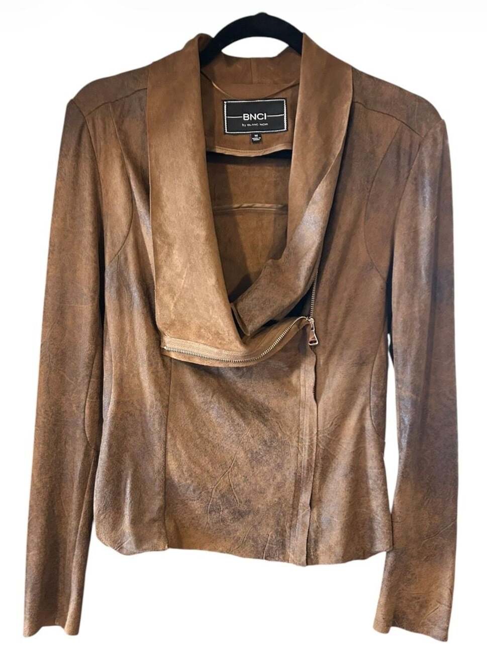 BNCI by Blanc Noir Distressed Faux Suede Cowl Neck Moto Biker Jacket Brown Mediu